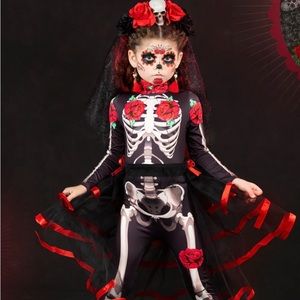Mia Belle 5T Day of the Dead Costume. Rose Skeleton Bodysuit and Tulle Skirt